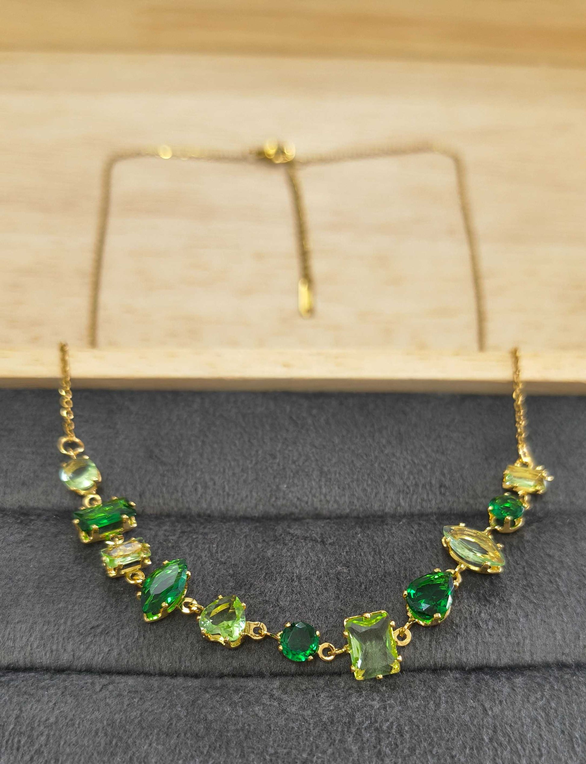 Anti Tarnish Necklace Emerald Stones Chain 18K Gold Plated
