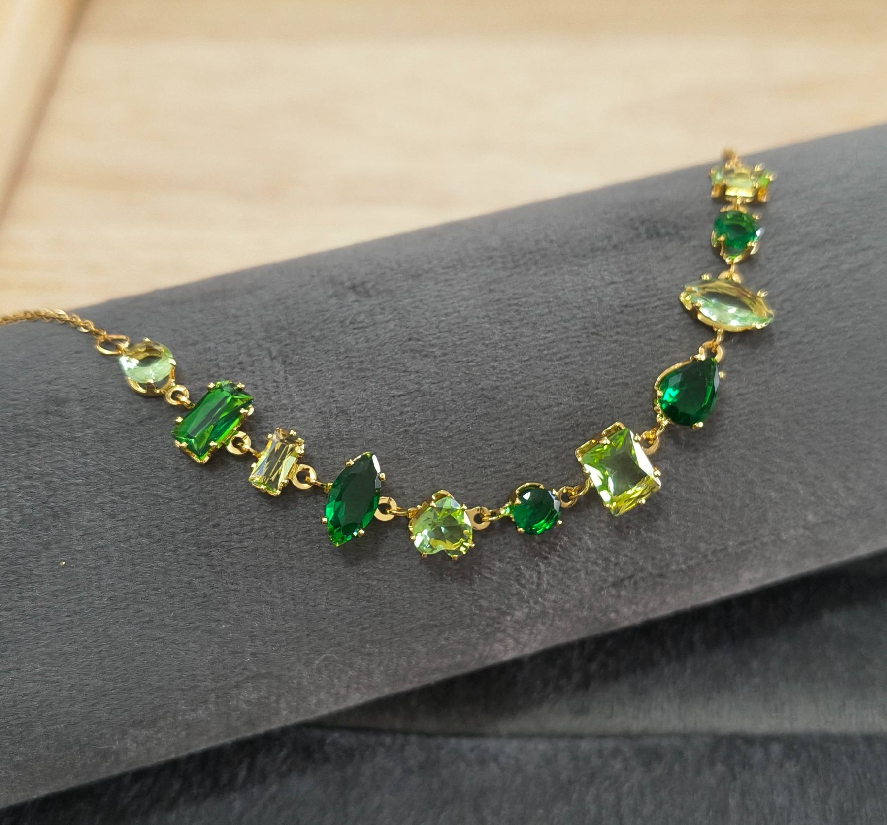 Anti Tarnish Necklace Emerald Stones Chain 18K Gold Plated