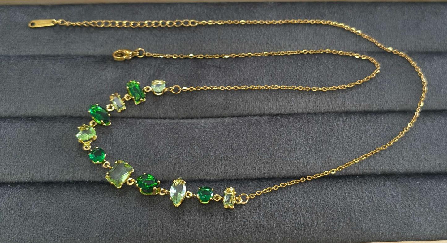 Anti Tarnish Necklace Emerald Stones Chain 18K Gold Plated