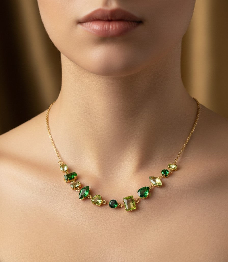 Anti Tarnish Necklace Emerald Stones Chain 18K Gold Plated
