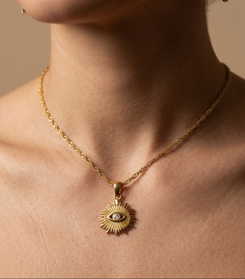 Anti Tarnish Necklace Evil Eye Pendant 18K Gold Plated
