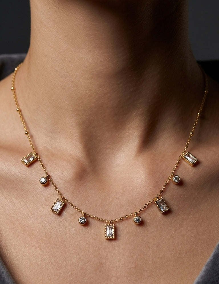 Anti Tarnish Necklace Geometric Drop Charms 18K Gold Plated