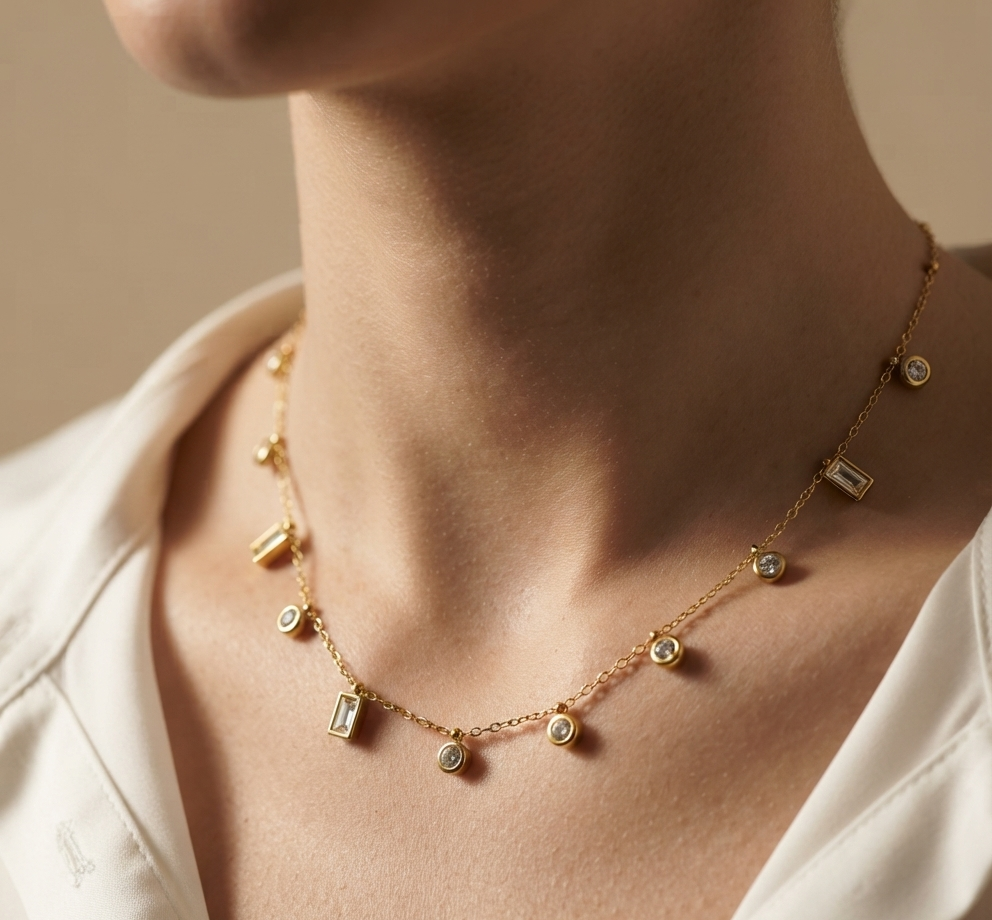 Anti Tarnish Necklace Geometric Drop Charms 18K Gold Plated