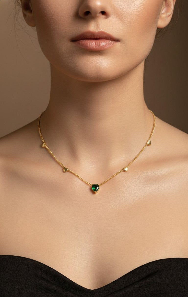 Anti Tarnish Necklace Green Emerald Hearts 18K Gold Plated