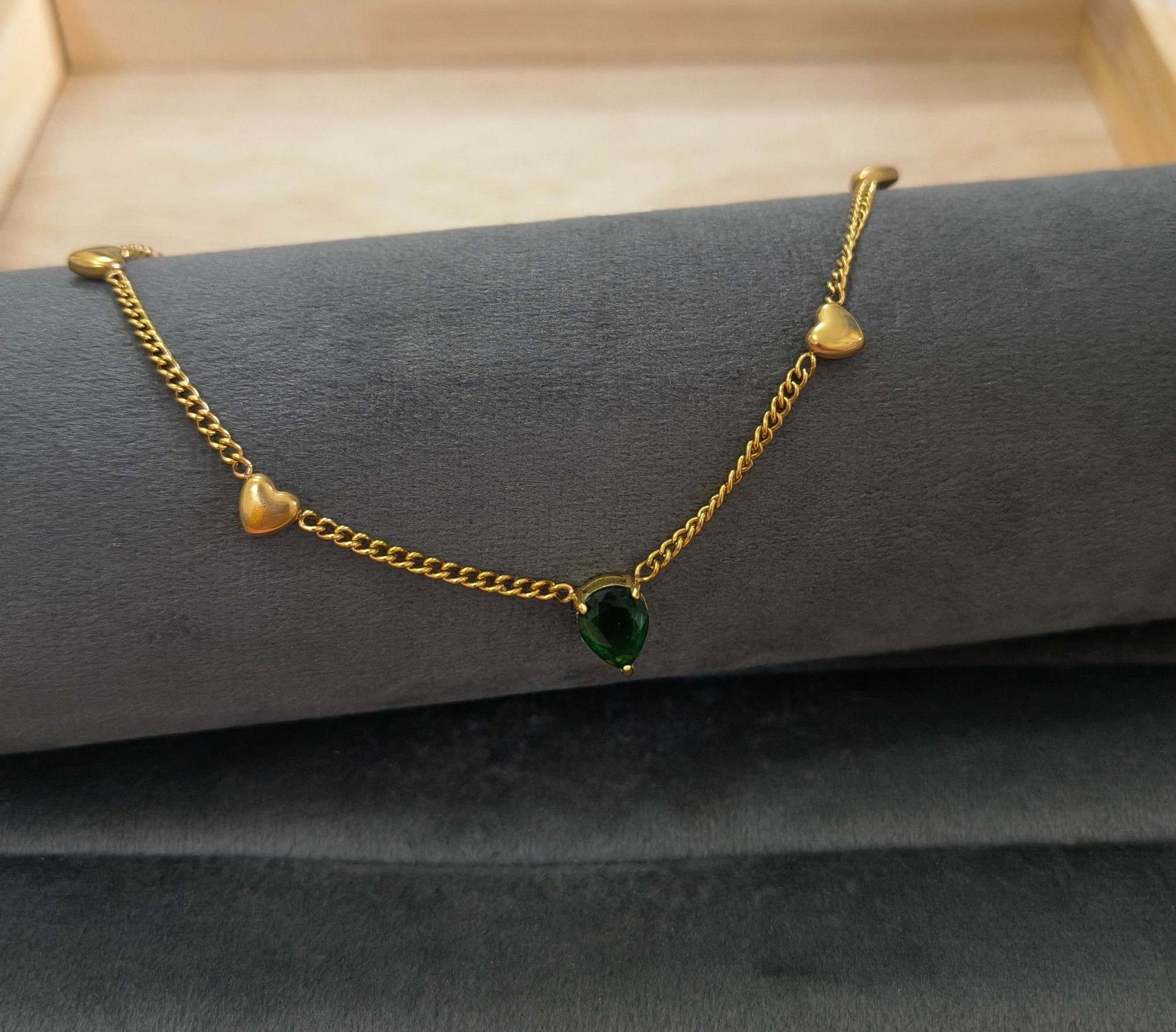 Anti Tarnish Necklace Green Emerald Hearts 18K Gold Plated
