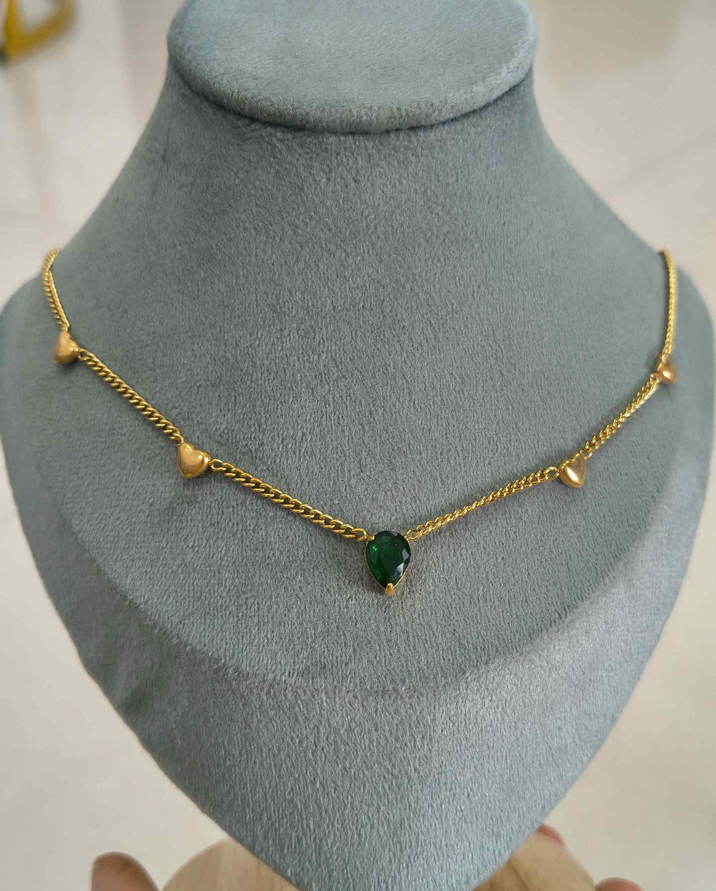 Anti Tarnish Necklace Green Emerald Hearts 18K Gold Plated