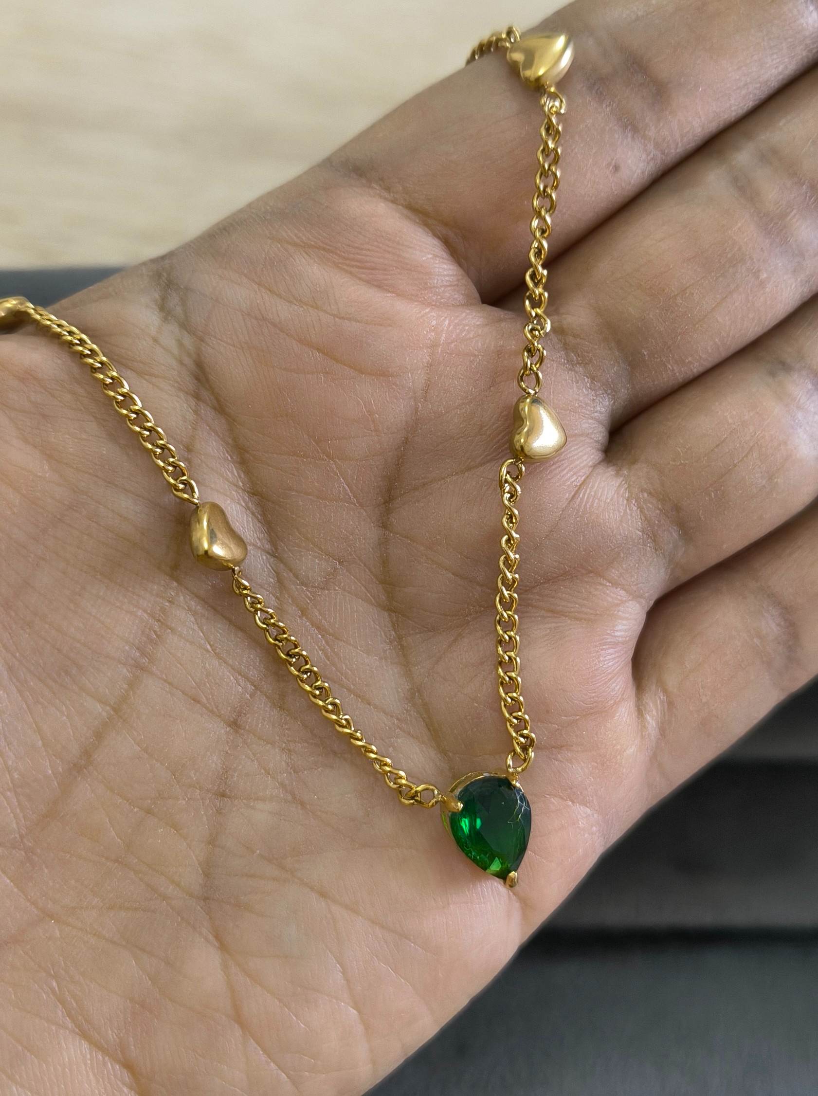 Anti Tarnish Necklace Green Emerald Hearts 18K Gold Plated