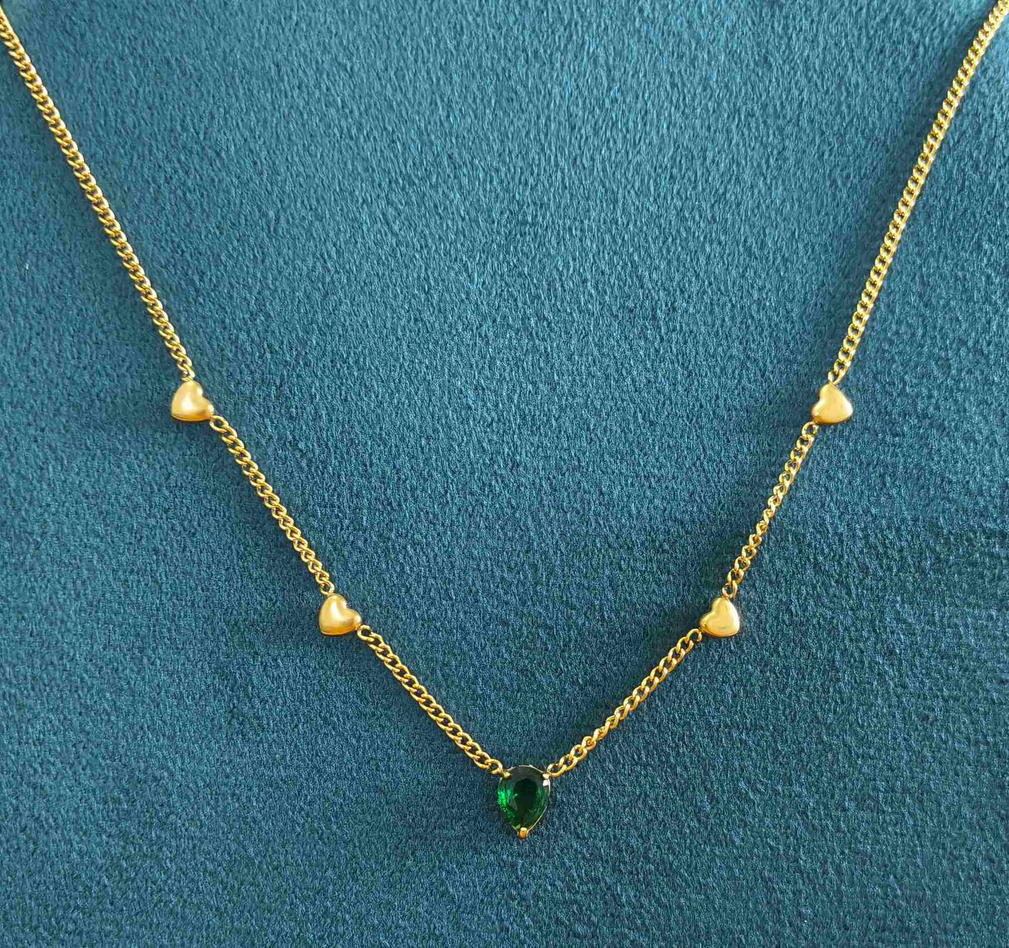 Anti Tarnish Necklace Green Emerald Hearts 18K Gold Plated