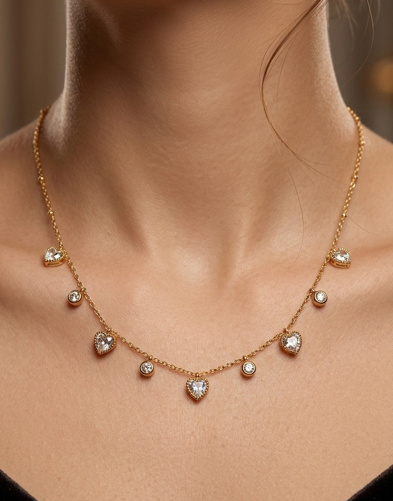 Anti Tarnish Necklace Heart Drop Charms 18K Gold Plated