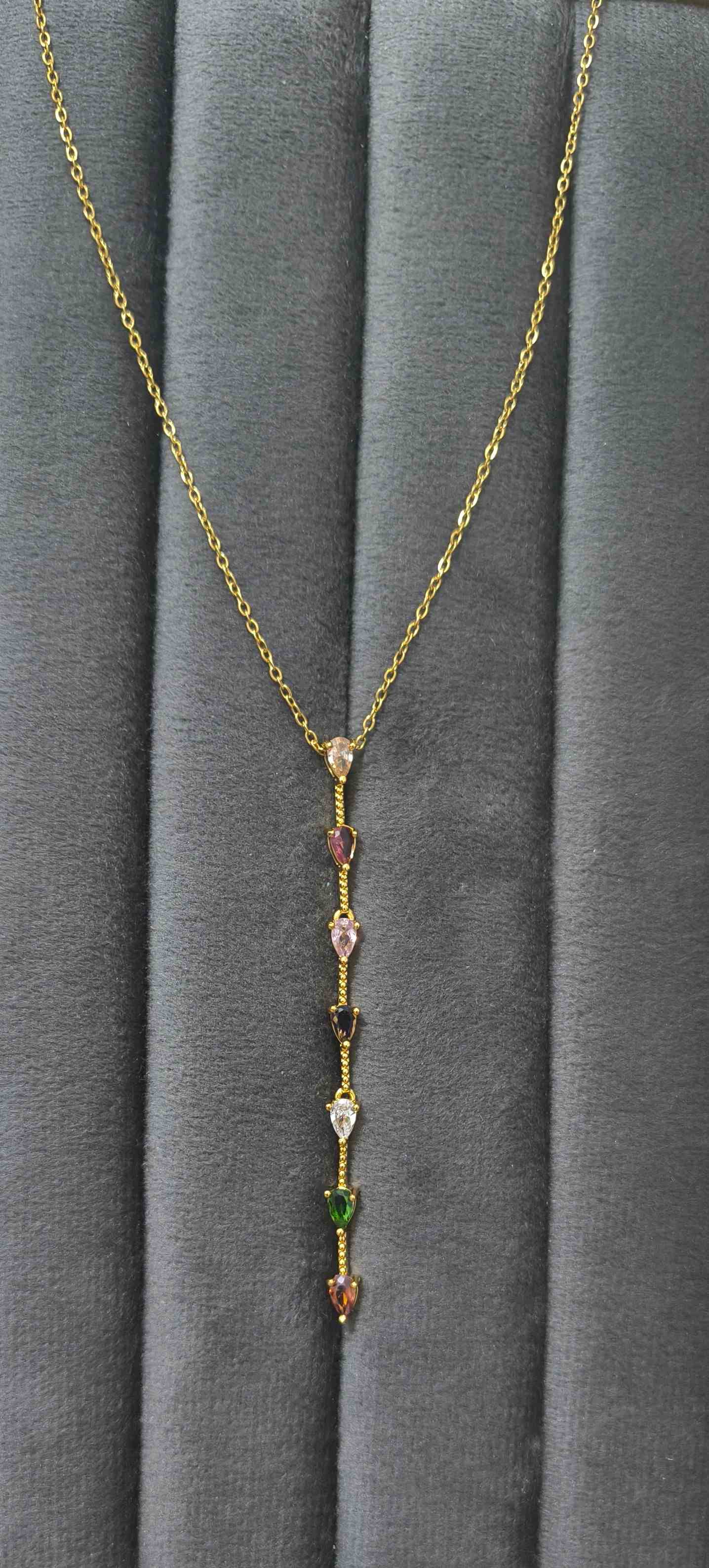 Anti Tarnish Necklace Long Diamond Pendant 18K Gold Plated