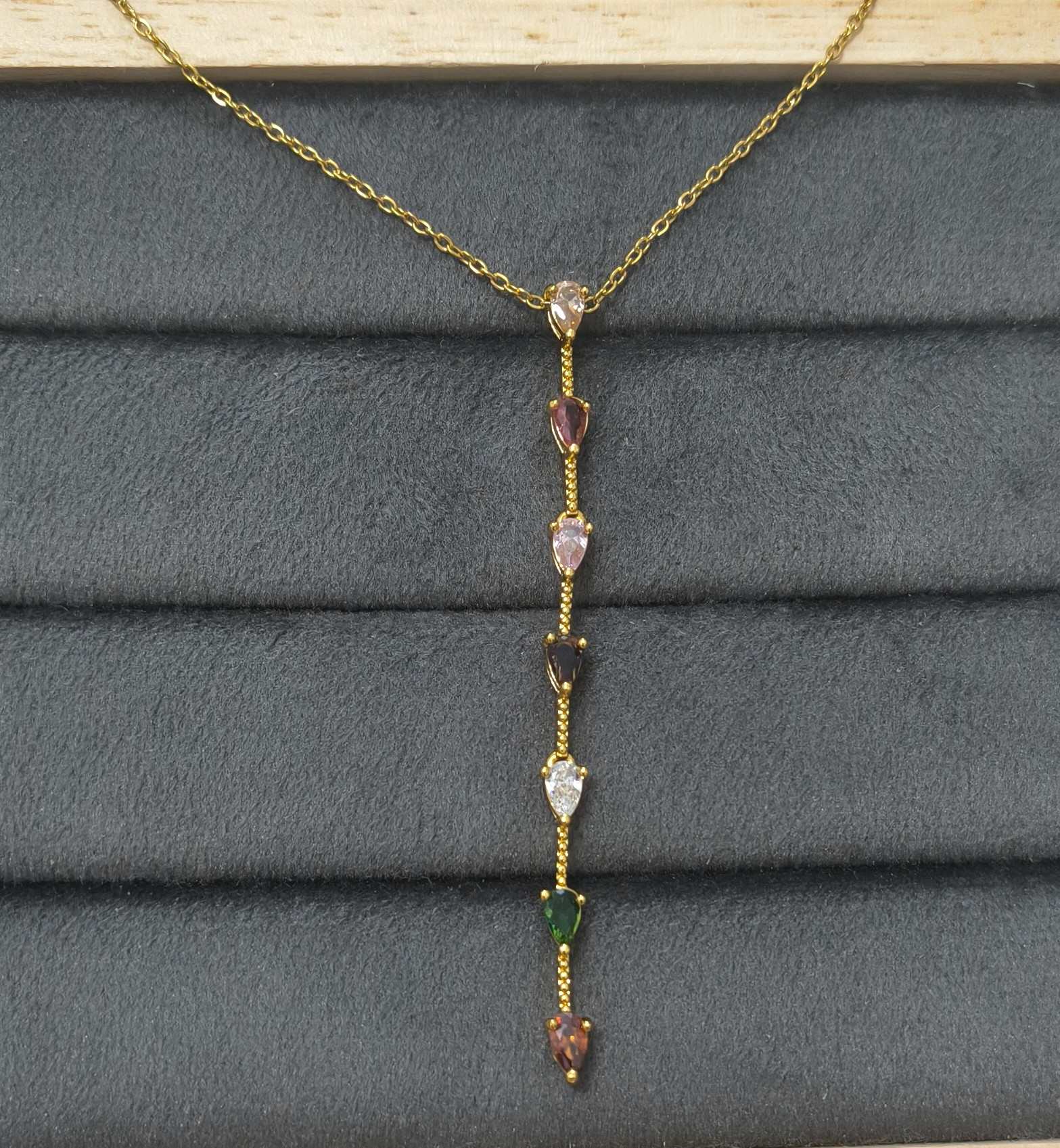 Anti Tarnish Necklace Long Diamond Pendant 18K Gold Plated