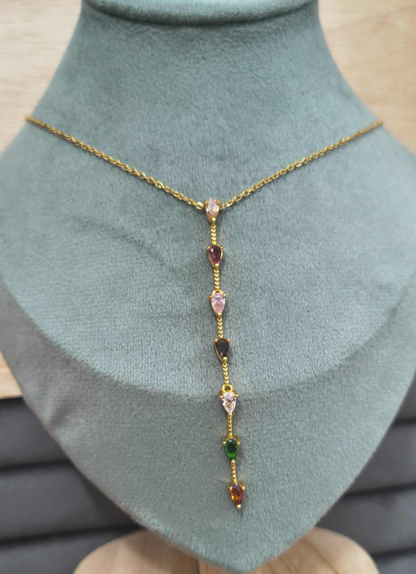 Anti Tarnish Necklace Long Diamond Pendant 18K Gold Plated