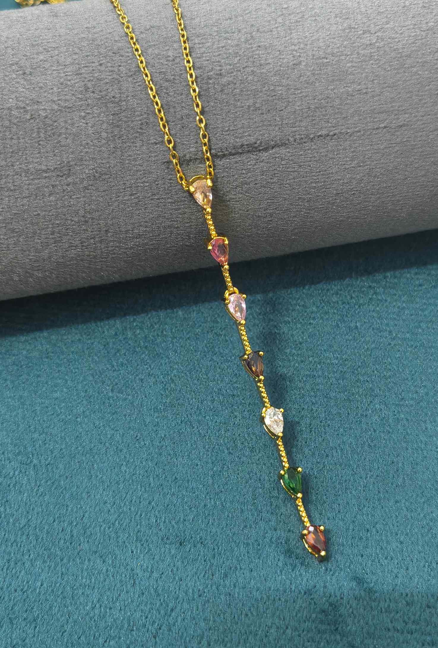 Anti Tarnish Necklace Long Diamond Pendant 18K Gold Plated