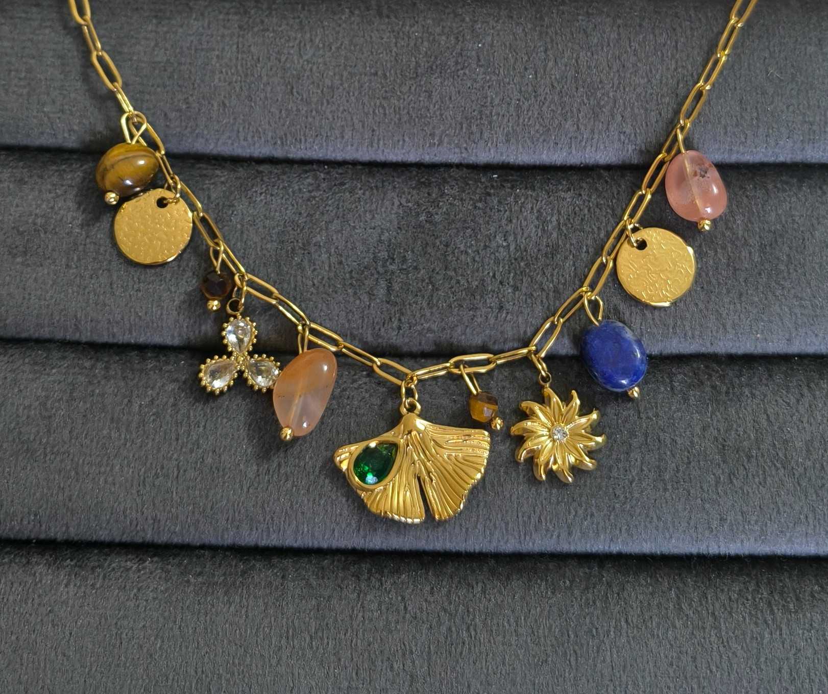 Anti Tarnish Necklace Multicolor Charms 18K Gold Plated