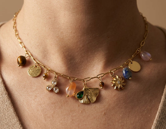 Anti Tarnish Necklace Multicolor Charms 18K Gold Plated