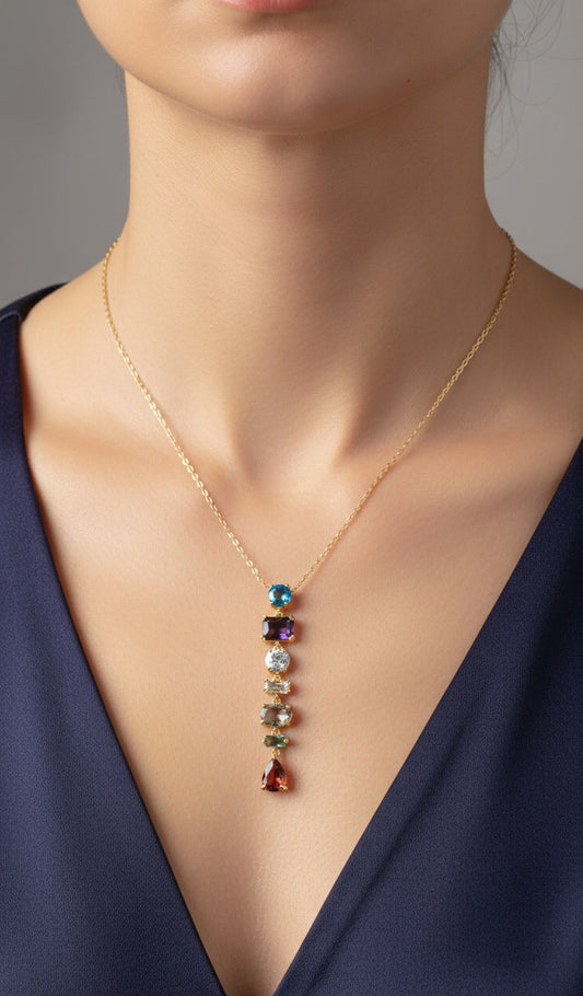 Anti Tarnish Necklace Rainbow Diamonds 18K Gold Plated