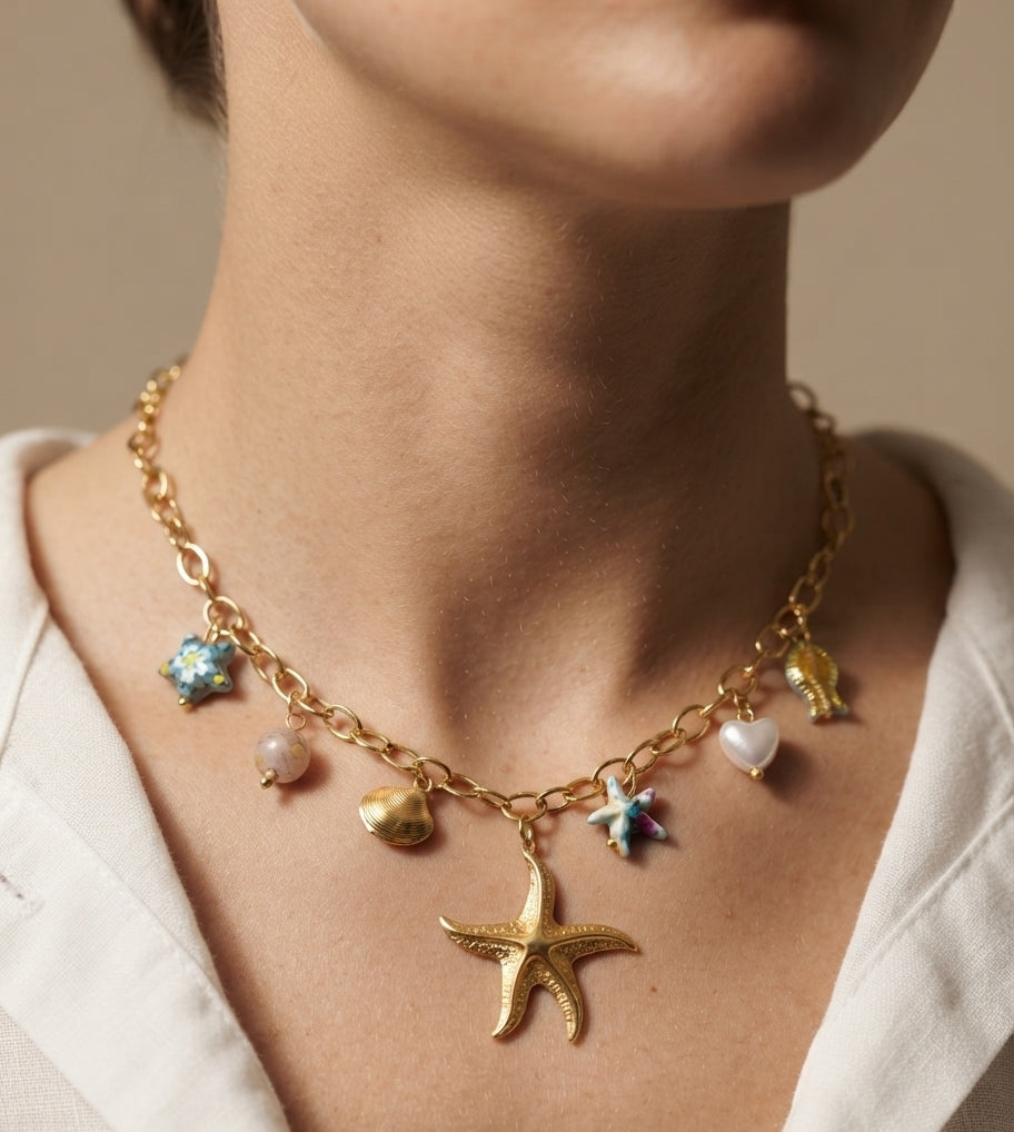 Anti Tarnish Necklace Starfish Charms 18K Gold Plated
