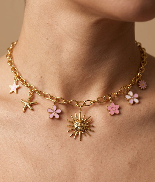 Anti Tarnish Necklace Sunshine Charms 18K Gold Plated