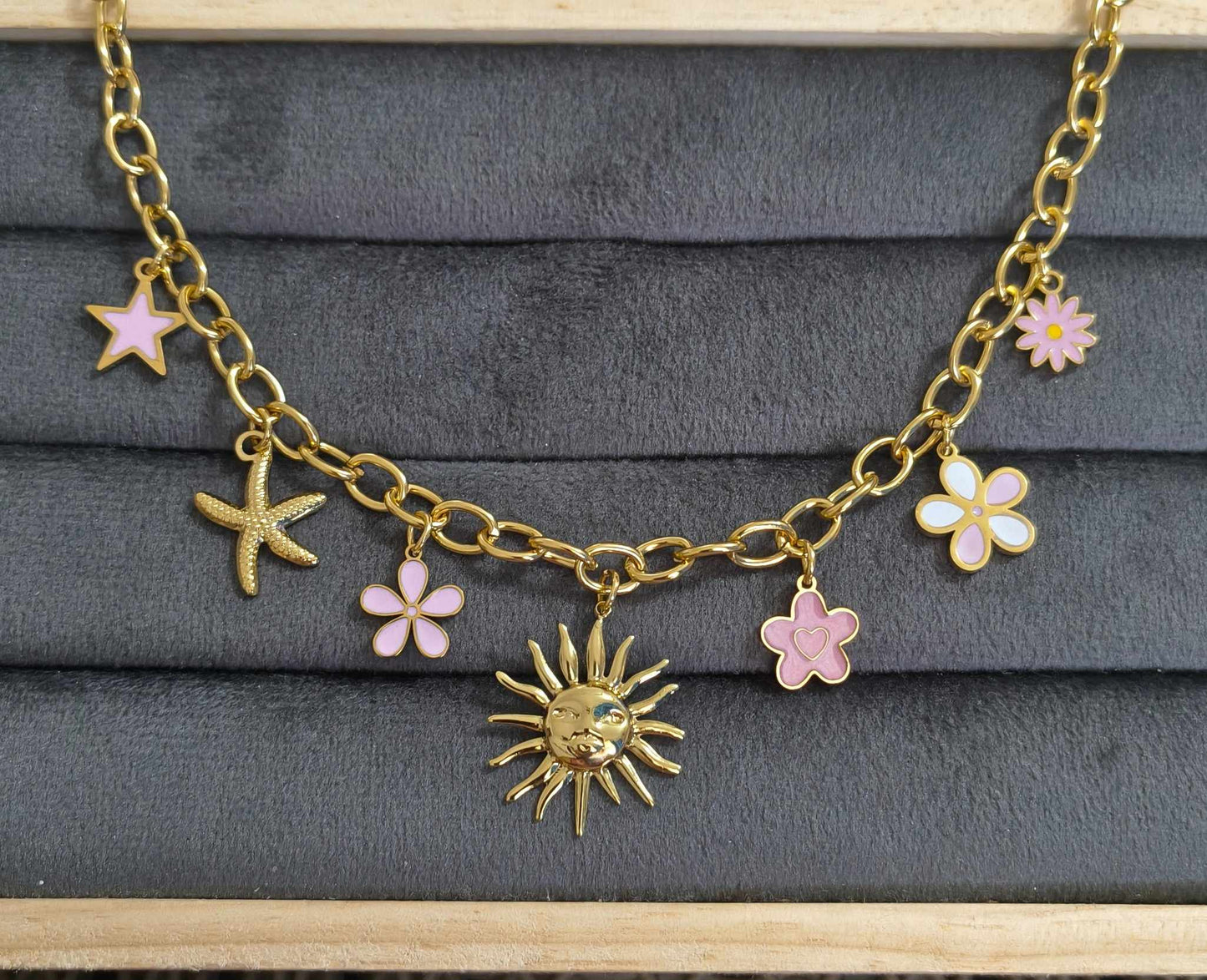 Anti Tarnish Necklace Sunshine Charms 18K Gold Plated