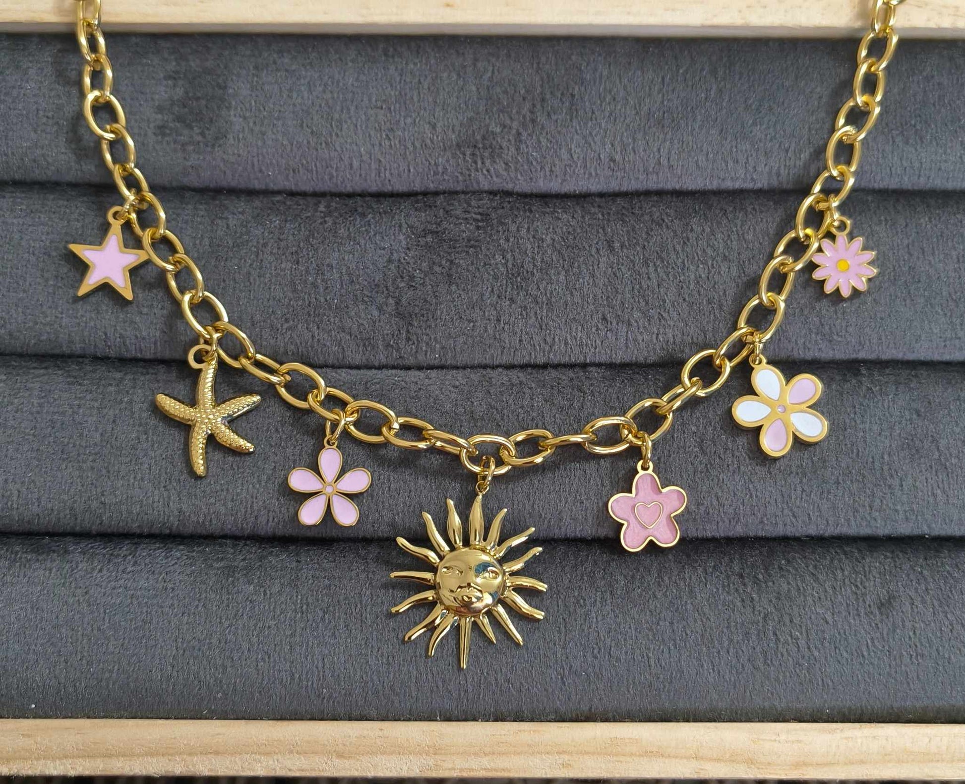 Anti Tarnish Necklace Sunshine Charms 18K Gold Plated