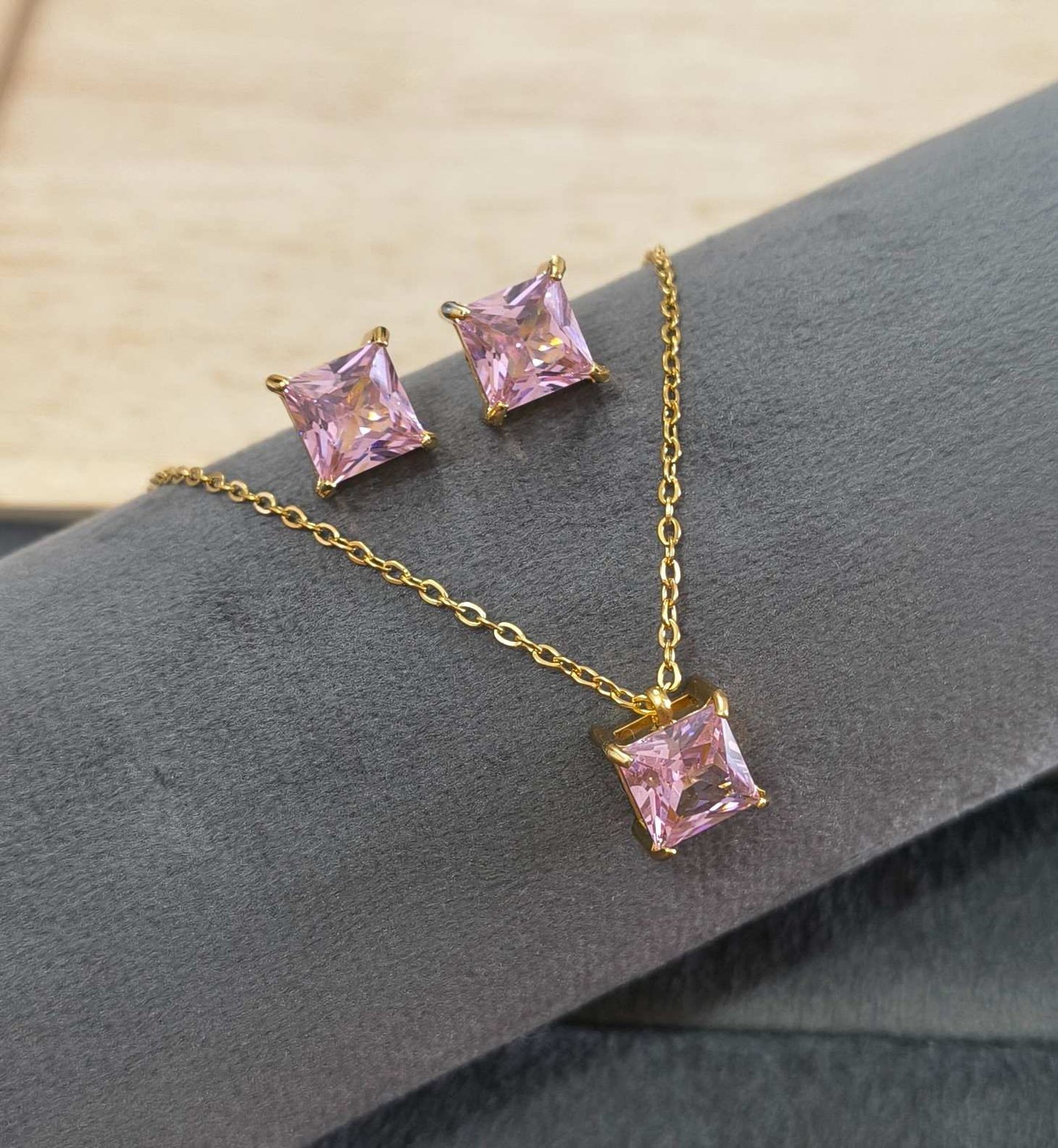 Anti Tarnish Necklace With Earrings Bold Pink Stone Set