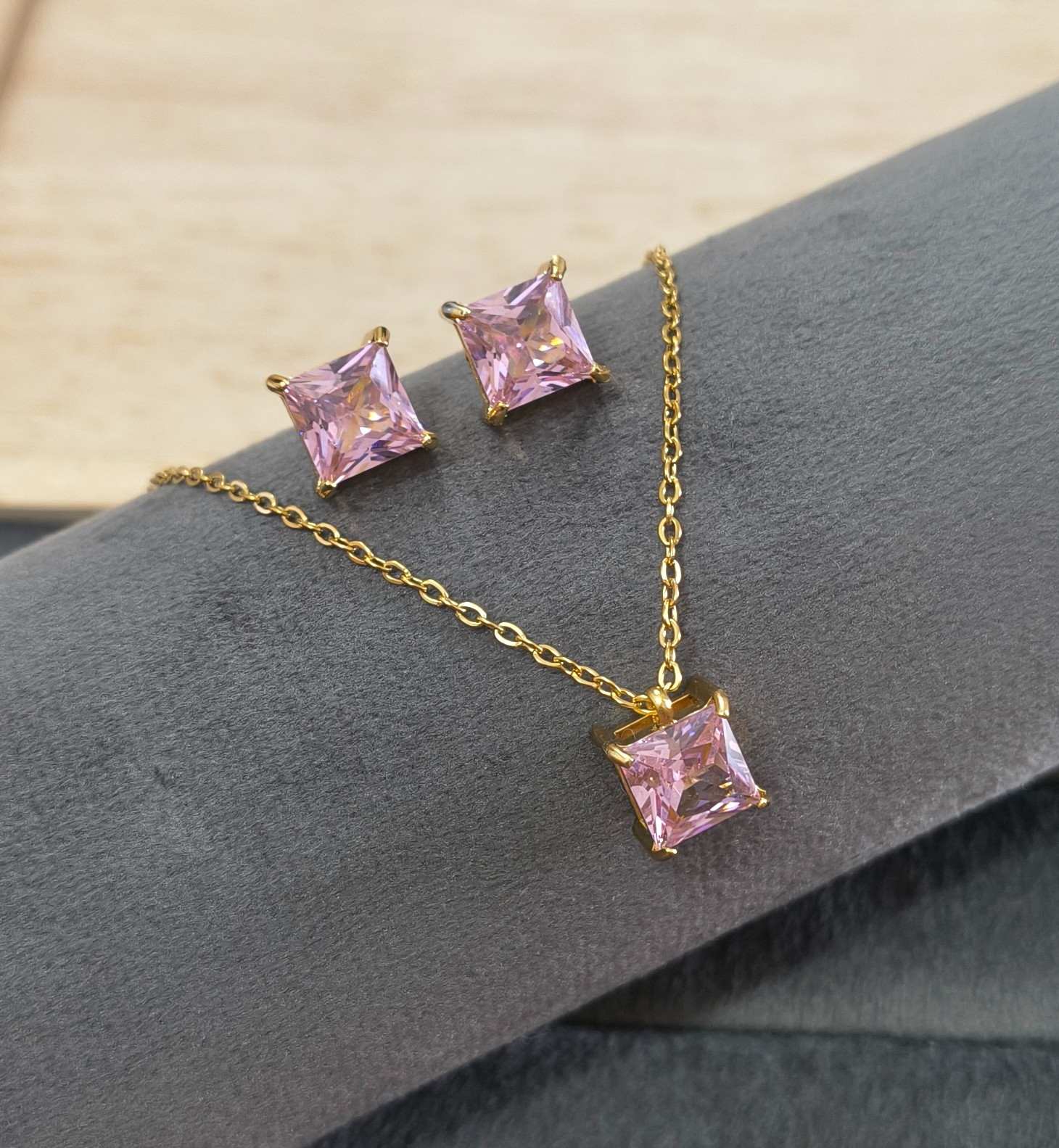 Anti Tarnish Necklace With Earrings Bold Pink Stone Set