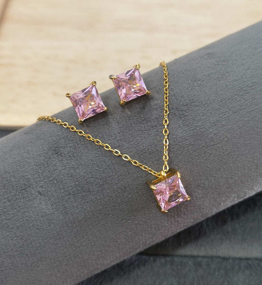 Anti Tarnish Necklace With Earrings Bold Pink Stone Set