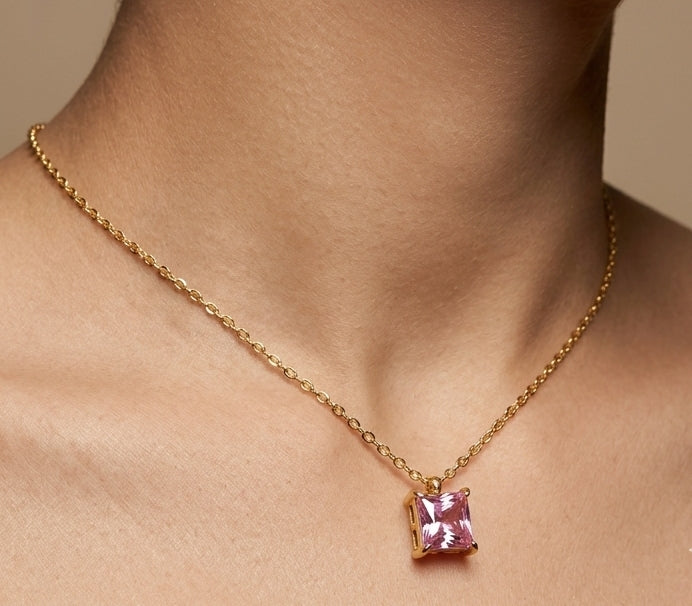 Anti Tarnish Necklace With Earrings Bold Pink Stone Set