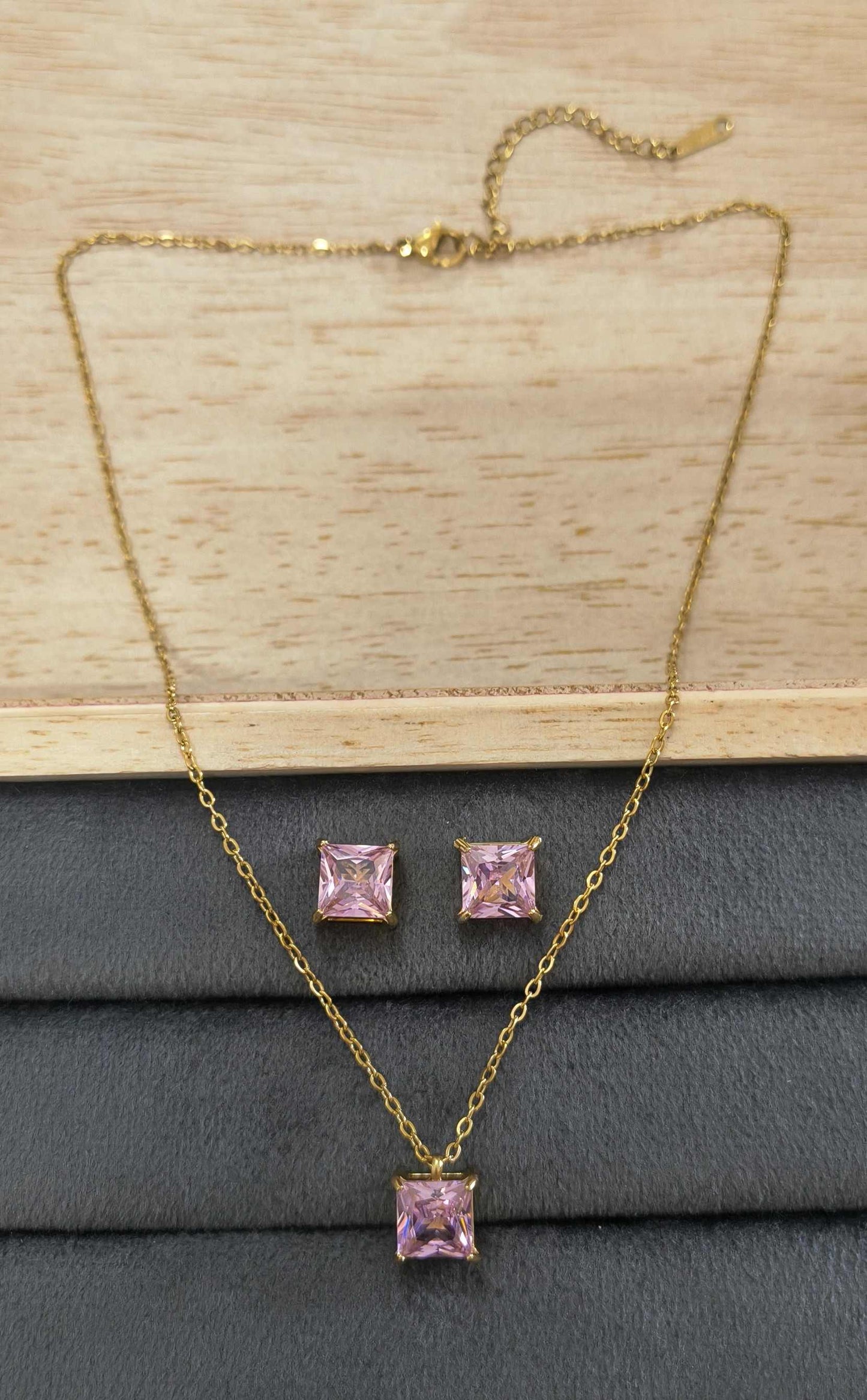 Anti Tarnish Necklace With Earrings Bold Pink Stone Set