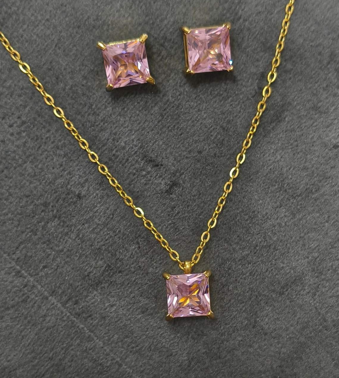 Anti Tarnish Necklace With Earrings Bold Pink Stone Set