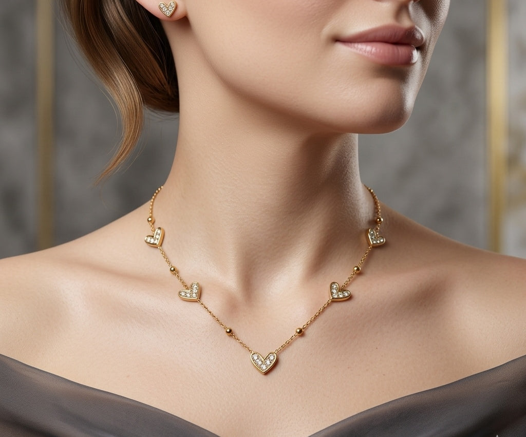 Anti Tarnish Necklace With Earrings Delicate Heart Set