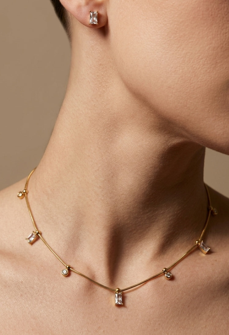 Anti Tarnish Necklace With Earrings Delicate Stone Set