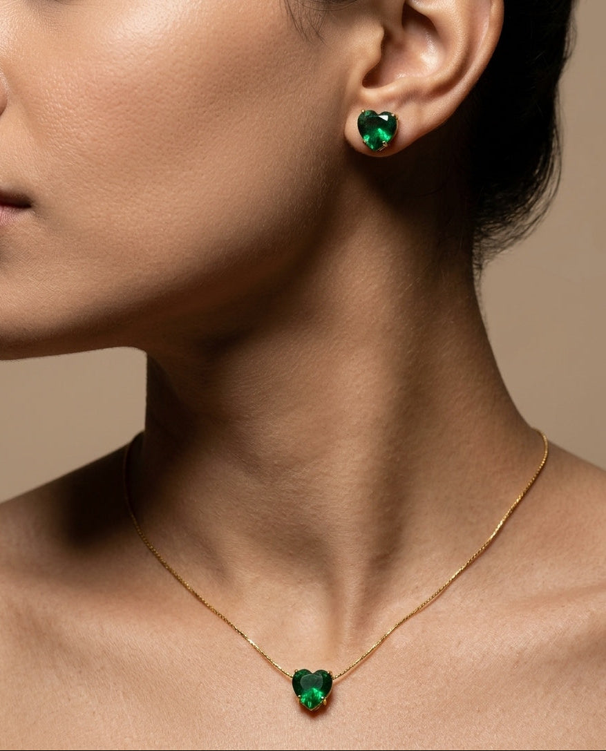 Anti Tarnish Necklace With Earrings Green Heart Stone Set