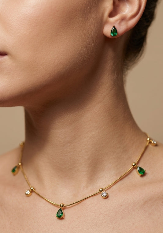 Anti Tarnish Necklace With Earrings Green Teardrop Set