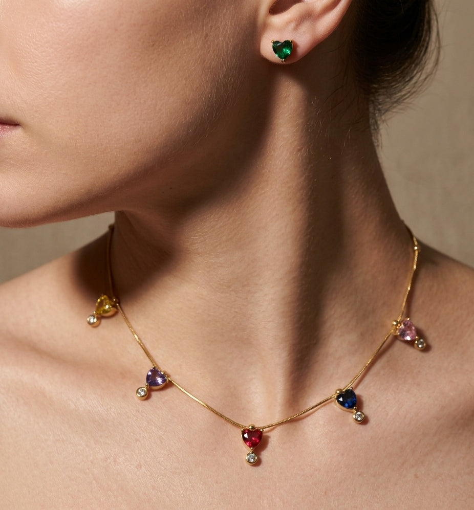 Anti Tarnish Necklace With Earrings Multicolor Heart Set