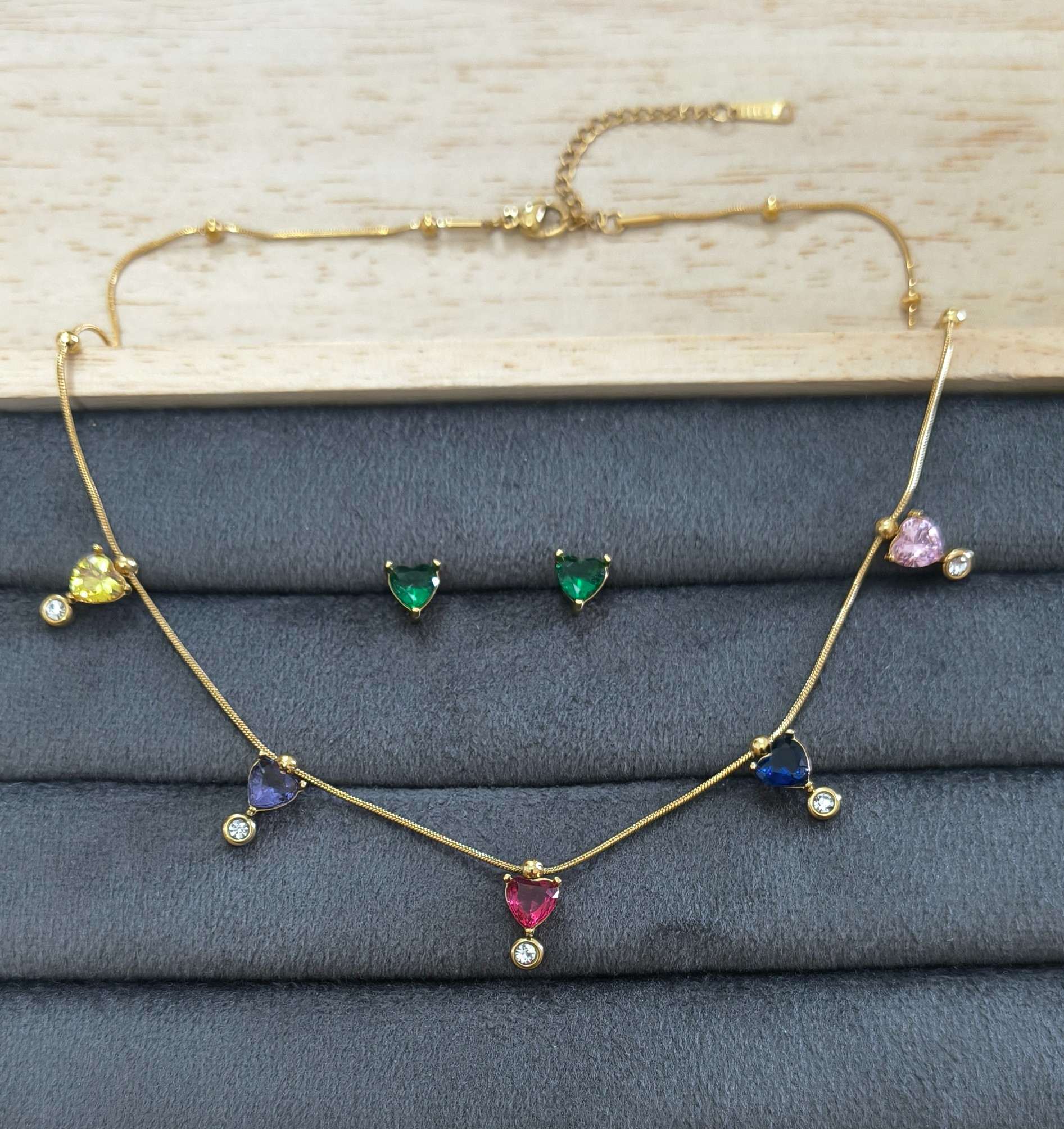 Anti Tarnish Necklace With Earrings Multicolor Heart Set