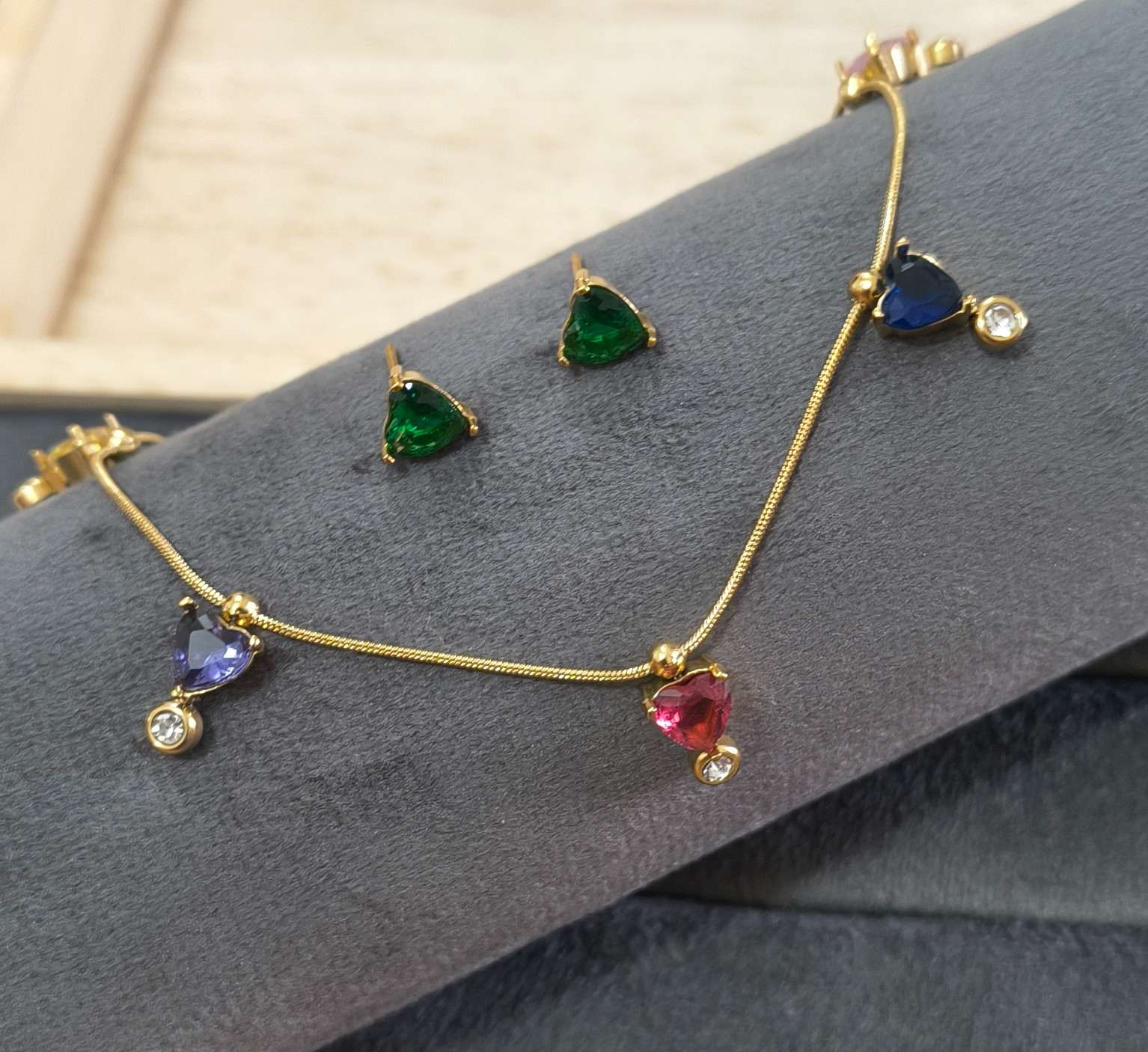 Anti Tarnish Necklace With Earrings Multicolor Heart Set