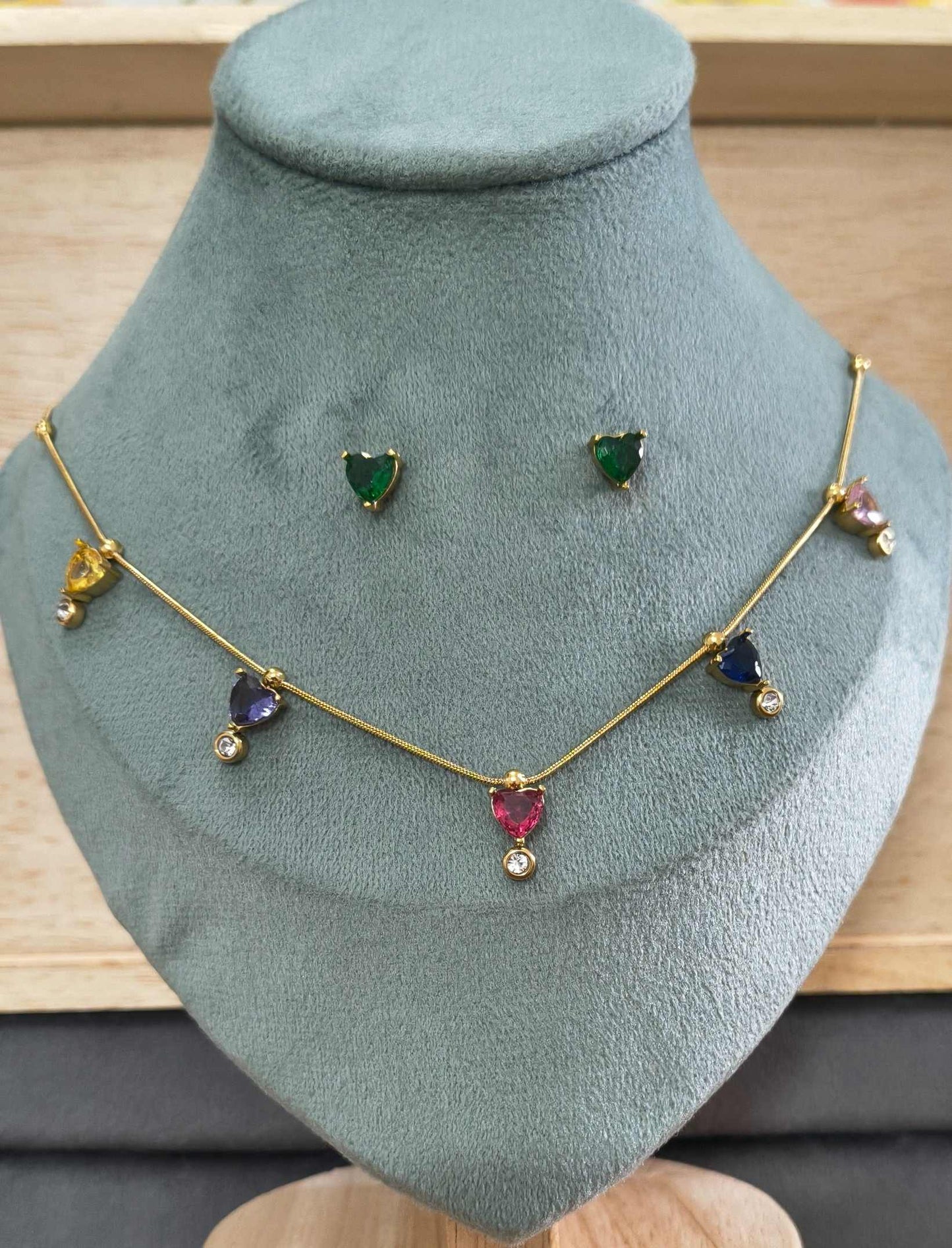 Anti Tarnish Necklace With Earrings Multicolor Heart Set