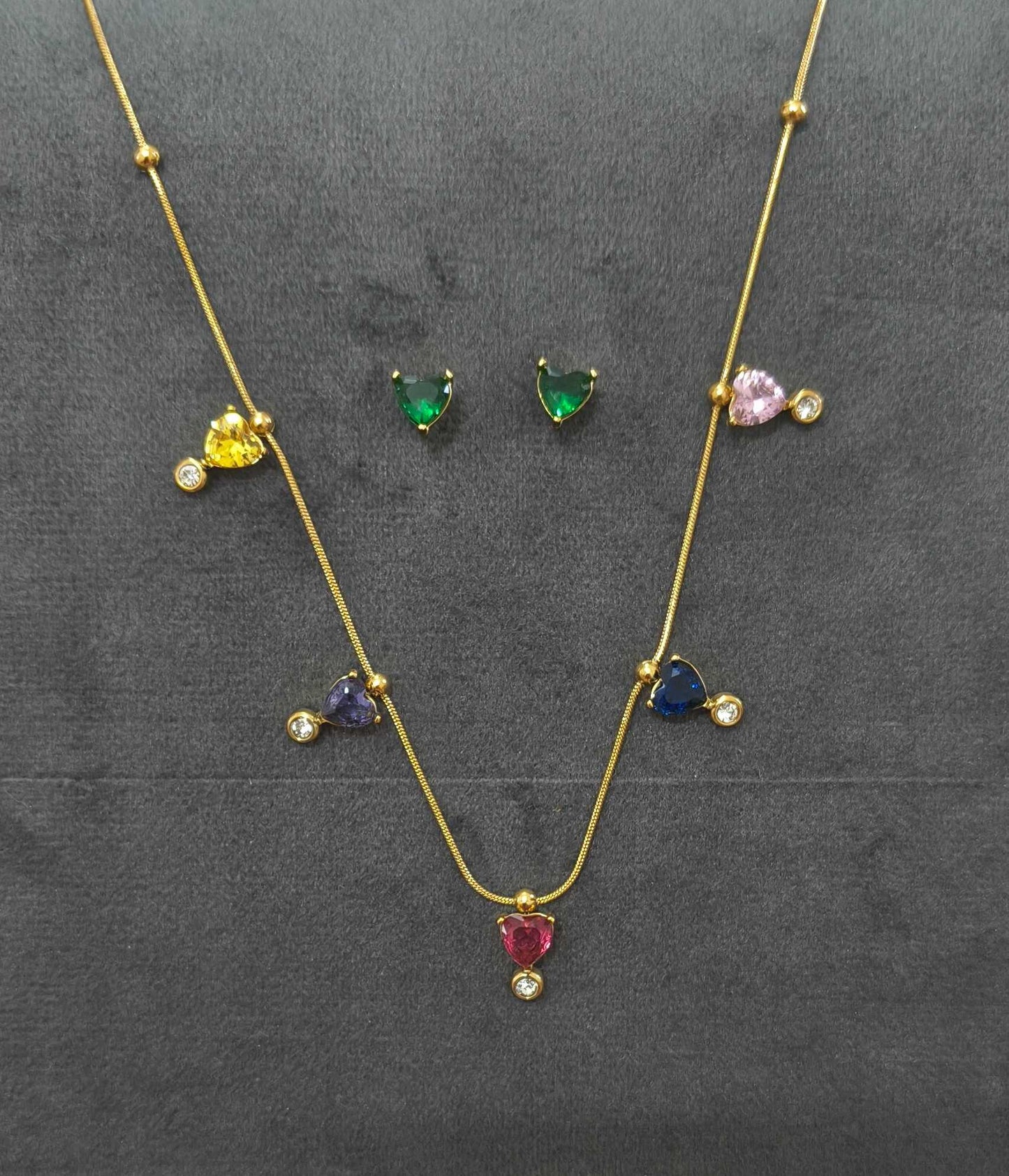 Anti Tarnish Necklace With Earrings Multicolor Heart Set