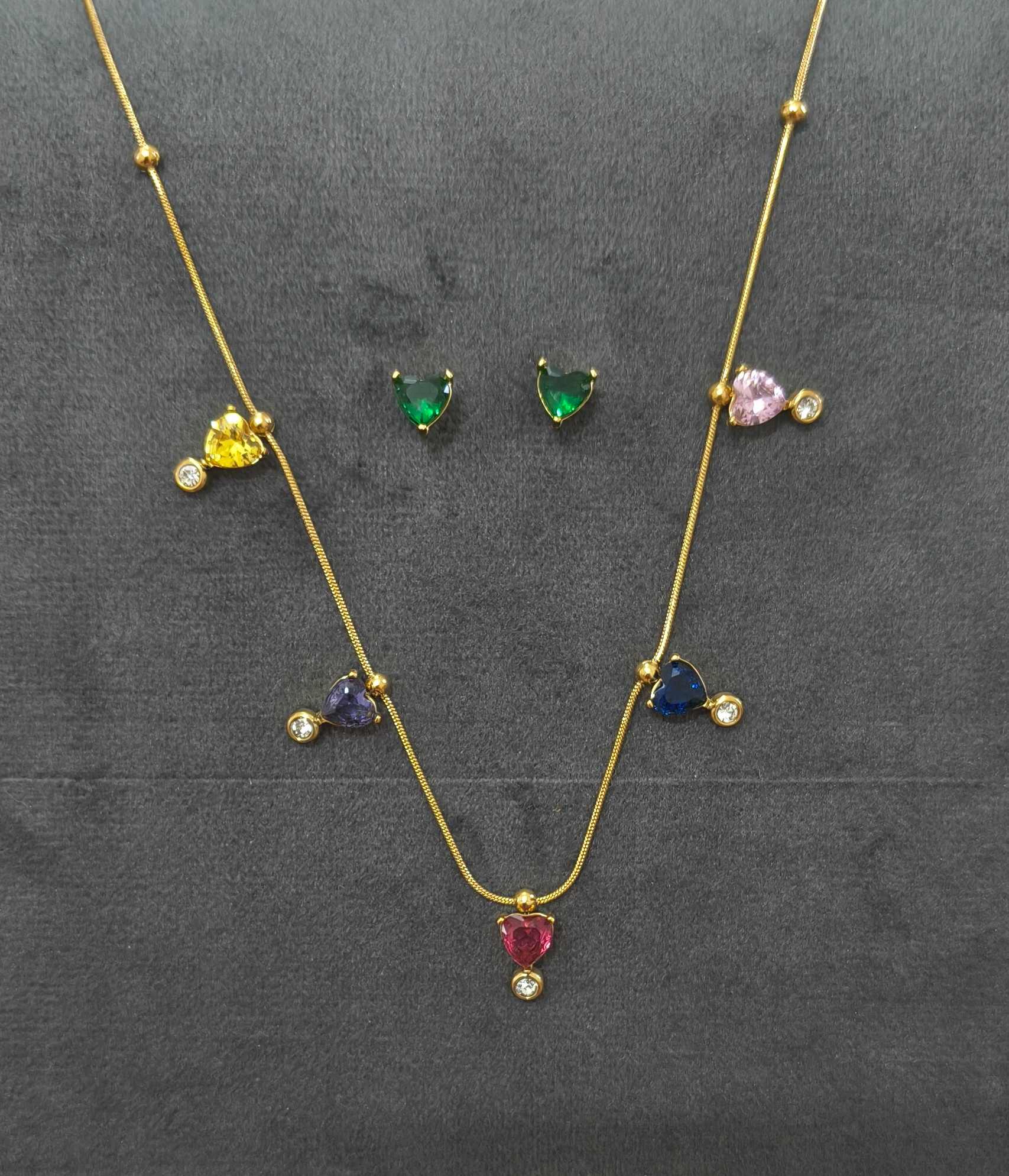 Anti Tarnish Necklace With Earrings Multicolor Heart Set