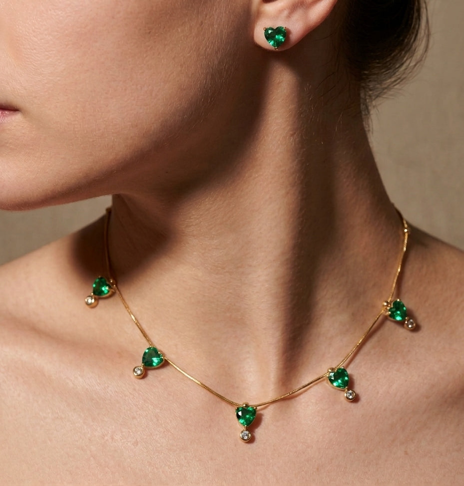 Anti Tarnish Necklace With Earrings Shiny Green Heart Set