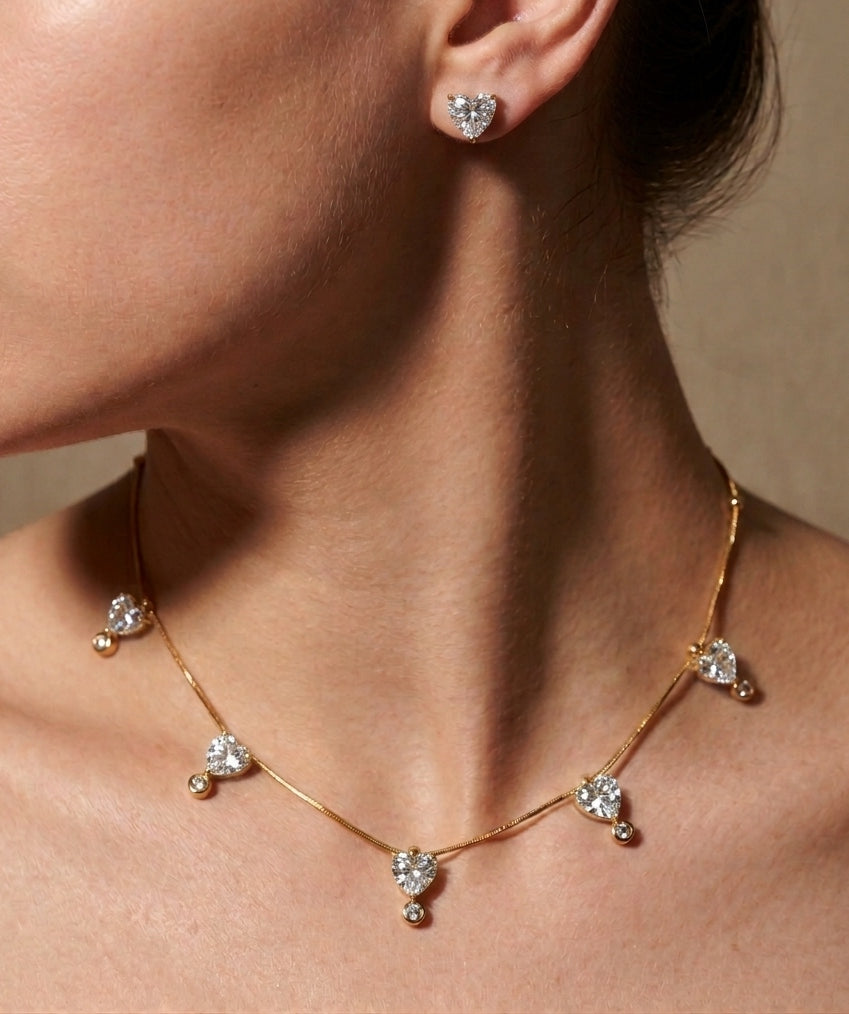 Anti Tarnish Necklace With Earrings Sparkling Heart Set