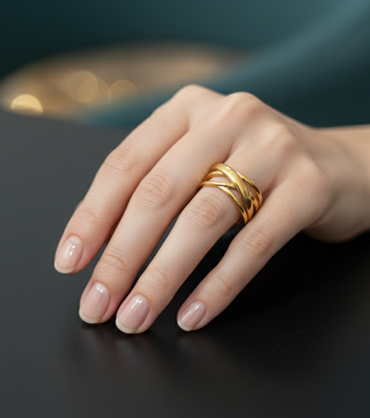 Anti Tarnish Overlapping Ring Adjustable 18K Gold Plated