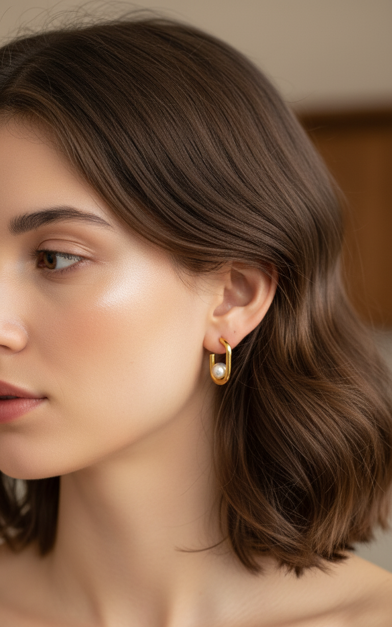 Anti Tarnish Pearl Hoop Earrings 18K Gold Plated