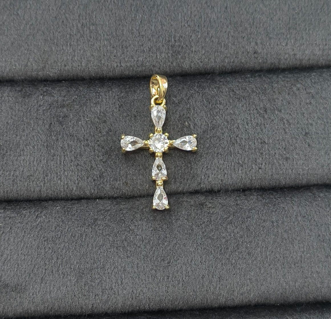 Anti Tarnish Pendant Teardrop Zircon Cross 18K Gold Plated