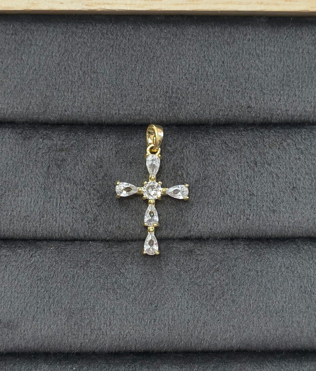 Anti Tarnish Pendant Teardrop Zircon Cross 18K Gold Plated