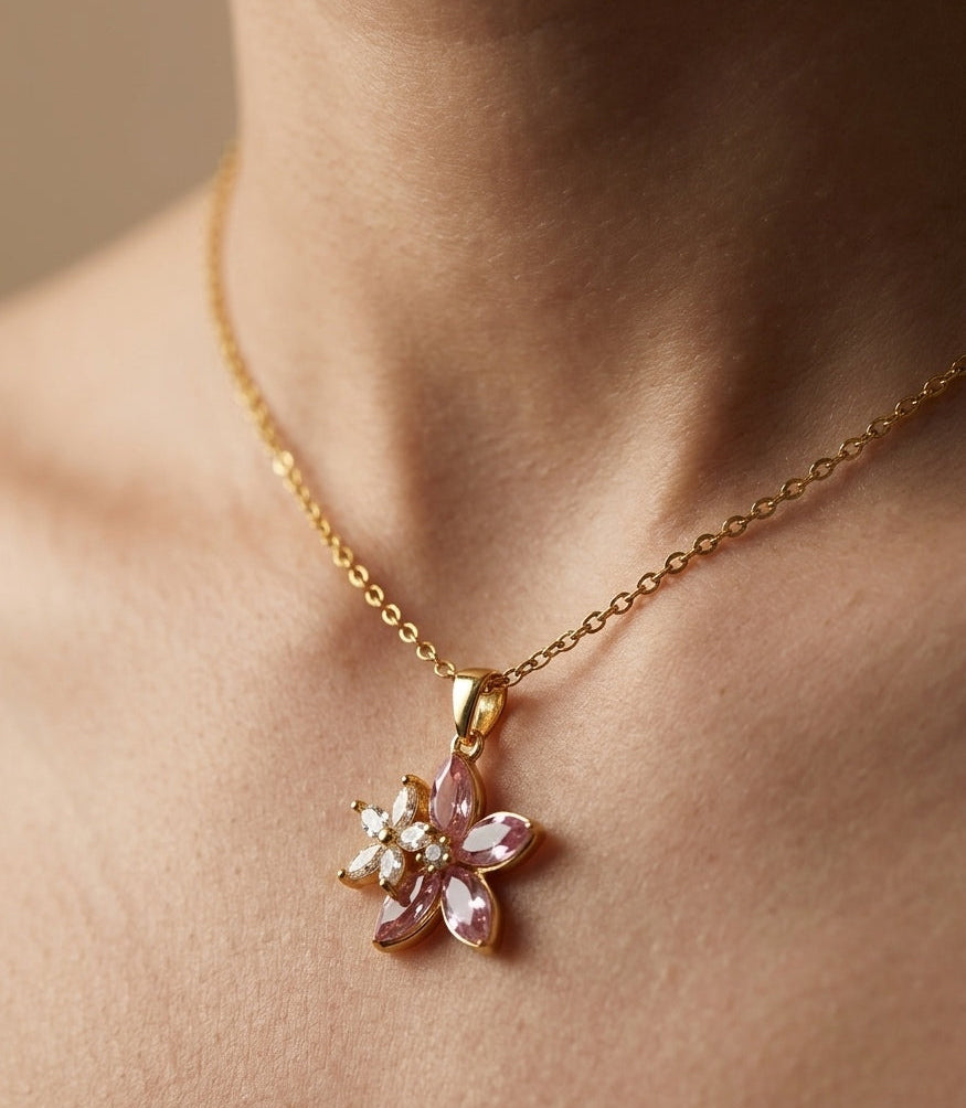 Anti Tarnish Pink Blossom Necklace 18K Gold plated