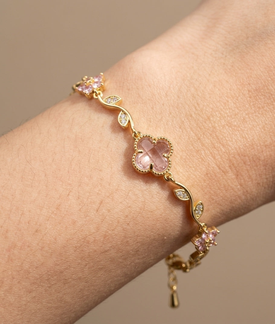 Anti Tarnish Pink Clover & Blossom Vine Bracelet 18K Gold