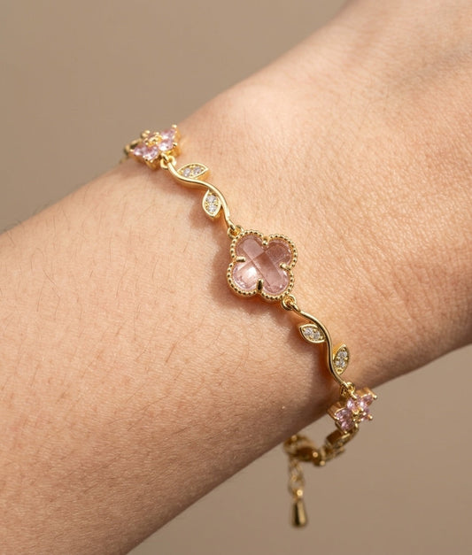 Anti Tarnish Pink Clover & Blossom Vine Bracelet 18K Gold