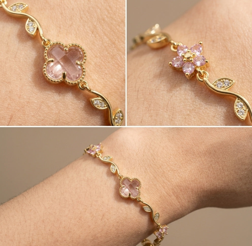 Anti Tarnish Pink Clover & Blossom Vine Bracelet 18K Gold